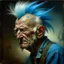 Placeholder: a detailed portrait of old man with a extravagant blue mohawk, the old man is always doing somehing different, Variations like fixing his truck, visiting his wife at the cemetary, going to punk rock shows, etc by edouard bisson, punk rock, oil painting, muted colors, soft lighting