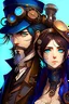 Placeholder: anime couple, steampunk , colorful, man with beard and woman with dark hair and blue eyes