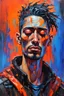 Placeholder: a portrait of a skinny cyberpunk man with her eyes closed and having a headache, acrylic and tint leak, epic vibrant, wlop : :, raggae art, detailed heavy impasto, dazzling colors of orange and red and black, wavy cobalt bluestreak glitches, olivia pendergast influence