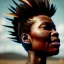 Placeholder: A beautiful portrait of a cyberpunk cyborg black tribal woman with lot's of grain on her skin and big tribal tatoos all over the skin, with natural hair floating in the wind cyborg smiling facing camera orange color scheme, high key lighting, volumetric light high details with white stripes and feathers unreal 5, octane render, cinema4d, dynamic lighting, dramatic lighting, 4k, redshift render, highly detailed, hyper realistic