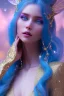 Placeholder: woman glitter blue fairy in a galactic ambiance, long blue hair, detailed gorgeous smile, delicate colors in the foreground, full of details, smooth, light effect，vaporwave colorful, smooth, extremely sharp detail, finely tuned detail, ultra high definition, 8 k, unreal engine 5, ultra sharpBeautyful smiling young woman, long hair amazing blue eyes, flowers, happy cosmic, bright colors, blue, pink, gold, jewels, realistic, photo real, clear sunny background, highly detailed, high contrast, 8k 