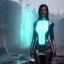 Placeholder: Pretty ciborg woman, portrait, white and gold dress, studio scene, blue light, red lights, hoodie, feathers, cyberpunk style, leather, vibrant color, highly detailed, art stations, concept art, smooth, unreal engine 5, god rays, ray tracing, RTX, lumen lighting, ultra detail, volumetric lighting, 3d, finely drawn, high definition, high resolution, neon background.