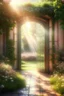 Placeholder: An open door to a beautiful summer garden, ,complex, amazing, magical gentle, sparkling dew drops, dawn, magically, in pastel transparent tones, hyperrealistic, beautiful, lumen, professional photo, 3d, 64k, high resolution, hyperdetalization, hyperrealism, f16,1/300s, highly detailed digital painting, bright, juicy, photorealistic painting, solar illumination in the background, bright lighting, aesthetically pleasing, beautiful, clarity of contours