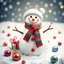 Placeholder: Create multicoloured Snowman with around snowflakes gifts and balls and winter background