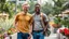 Placeholder: professional photo from happy couple men, one light brown and one black hair man in colorful city cloths t-shirt and jeans. city garden, summer, high realistic, detailed, canon photo, 64 megapixels, perfect composition