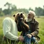 Placeholder: Cyborg bear playing with a laughing real caucasian old man who is sitting down in a sunny field, Cinematic still, film grain, vignette, color graded, post-processed, cinematic lighting, best quality, atmospheric, a masterpiece, epic, stunning, dramatic