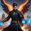 Placeholder: A 25 years boy persian in matte black robes with flaming eyes with grin with flaming light blue pupils stands atop a squire Two infinity gauntlets contain six infinity stones, one of which is made with nano In the hands of a powerful man walking While standing on a majestic height from afar With two big wings