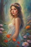 Placeholder: Oil painting of a beautiful girl, fantasy, dream, forest, glitter background, beautiful, oil painting, fantasy art, fairy, young girl, beautiful portrait painting, flowers, colorful, inspired by Thomas Kinkade, fine art, 8k