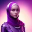 Placeholder: Cute girl face in hijab, Sci-fi character, purple backlight, pink and purple, scifi suit, profile, purple background, pink lighting