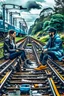 Placeholder: 2 people are sitting on a train track, having tea at a round table; they have wet suits on with flippers and dive goggles; a steaming train is coming right towards them