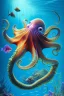 Placeholder: underwater scene, an octopus, a mermaid, beautiful colors, fish, very fine detail, high quality, mystical, romanticism, intricate, Neo-Impressionism,