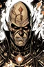Placeholder: A great Orc with light-ash-colored skin and red eyes. He is bald. He wears black armor. Over his head he wears a crown made of fire. Absolutely he has no horns. He’s surrounded by flames. In the image you must see at least half a bust. It must be comic-book style.