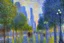 Placeholder: City near trees, sci-fi, Photography, hyperrealism, hd, claude monet impressionism painting