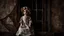 Placeholder: an old, dirty, worn (porcelain doll sitting in a beautiful lace dress) in a broken, dirty window, spiderweb, abandoned old room, dark surreal atmosphere, dull lights, dark colors sinister , surrealism, matte background