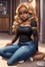 Placeholder: Create a urban culture art of a black chibi curvy female sitting on the floor looking at her cell phone. She is wearing tight blue jeans and a black off the shoulder blouse. Prominent make up with lush lashes. Highly detailed wavy ombre blonde and brown long hair. She is also wearing silver large hoop earrings