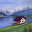 Placeholder: simple house in switzerland behind a lake,drawing