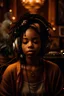 Placeholder: earthy black young woman listening to music with headphones, soul, peace, majestic, earthy colours, at peace, happy, incense, jewels, bands, natural, old school headphones, low siren eyes, incense