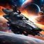 Placeholder: full length picture featuring an advanced and imposing futuristic spaceship warship aircraft carrier , set against a dramatic cosmic planets backdrop with vibrant nebulas and starfields. Enhance the visual impact by including dynamic lighting effects, such as glowing engines or weapon systems, and add smaller spacecrafts engaged in a high-speed chase or battle to convey a sense of action.