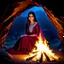 Placeholder: Hyper Realistic Photographic Outside View Of A Gorgeous Pashto Girl (Wearing Simple Burgundy Colored Dress With White Embroidery & Wearing Pink Dupatta On Her Neck) Happily Sitting & Smiling Boldy In A Cave With Little-Bonfire, With Heavy Rain Outside Cave With Glowing Little Crystals) Showing Dramatic & Cinematic Ambiance.