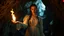 Placeholder: a woman with brown braided hair in a scary cave, holding a flame in her palm in a white vintage long-sleeved nightgown, the inside of the cave is illuminated by the flame, close shot, detailed, high realistic, perfect photo, dramatic, dark fantasy