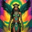 Placeholder: feral militant indigenous girl adorned in tattoos, her military uniform woven with tribal patterns and jewelry that gleamed with primal energy. Beside her stood a reptilian humanoid god, his green scales glistening in the psychedelic light, wings unfurled in majestic splendor. The god was bedecked in colorful feather decorations that danced in the air, a spectacular radiant aura halo casting an ethereal glow around him. Atop the white Mayan pyramid, with lush green rainforest mountains as a back