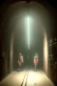 Placeholder: Two women with flashlights exploring a dark old subway tunnel revealing the shadow of a monster