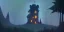 Placeholder: Ruined abandoned overgrown small castle tower in a dense coniferous forest, night, misty, atmospheric, fireflies