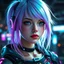Placeholder: a pretty cyberpunk girl, cyborg, bright hair, young, futuristic, dystopia