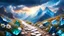 Placeholder: splendido sentiero di montagna tempestato di topazi smeraldi pietre preziose luccicanti con paesaggio floreale cristalli azzurri e bianchi sole nascente cielo azzurro