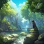 Placeholder: anime girl meditating, rock trees, birds, creek