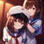 Placeholder: Clear Focus, High resolution, glowing red eyes, hugging a girl, wearing a sailor uniform, long dark brown hair