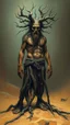 Placeholder: Bosch painting style nightmare, a man with legs looks like tree roots , and head looks like wizard head, in the desert sands , dramatic sad scene, fantasy, scary.