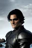 Placeholder: A portrait of Joaquin Phoenix in his early 30s, long beachy haircut, black hair, on a rocky island, in ebony armor from Skyrim, melancholic and dangerous facial expression, half-smiling