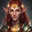 Placeholder: Generate a dungeons and dragons character portrait of the face of a female high elf wizard with dark copper red hair and golden eyes. She is smirking and glowing with magical energy. She looks mischievous. She loves gold coins. She is wearing an elven circlet.