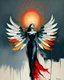 Placeholder: Minimalist abstract artwork in mixed media, depicting a woman with wings like a peacock's fanned plume, radiating as a colorful aura. Contemporary, minimalistic, and surreal, conveying enlightenment, discovery, and exhilaration. Influenced by Jacek Yerka and Richard Burlet, with subtle textures and a sophisticated palette of muted neutrals, deep blues, and striking red accents. Visionary and esoteric, with an emotional, mystical quality.