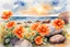 Placeholder: Sunny day, clouds, orange flowers, rocks, watercolor paintings