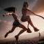 Placeholder: Two women skipping with a rope while demons and angry gods fight in the background, in the style of a Michael Moorcock book cover.