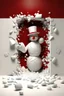 Placeholder: 3d Christmas snowman, breaking through the wall, plaster texture, white and red, 3d background