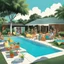 Placeholder: This is a digital artwork depicting a backyard pool party in the 1970s