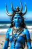 Placeholder: A photo of a blue skin Hindu goddess with painted blue face and body skin, wavy black hair deer antler horns, standing on a sunny beach