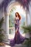 Placeholder: elegance, beautiful woman, 18 years old,front view, tiny, luxuriant, center, single luxuriant purple dress, red hair, render indoor palm, white background,32k, ultra high definition,realistic, white background, clipart, thomas kinkade, blushing, masterpiece, unique, breathtaking, Best Artist, Cinematography, Soft Lighting, Cute and well loved, Creative, Ultra detailed