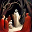 Placeholder: the poet Dante is dressed in a red robe, the poet Vegilius is in full growth, dressed in a white transparent robe, nearby are beautiful, slender girls, circling around him, Hell with an eerie atmosphere.