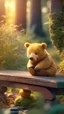 Placeholder: Photoreal close-up Winnie de Pooh covered in honey on a moss covered bench at dawn