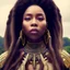 Placeholder: portrait of detailed beautiful model, big eyes, wide nose, head looking up,, dread locks rooted, ground, entangled by trees, Wakanda forever, warrior, Africa, glowing skin, flowing dress, with trees and wood, coloured skin, deep brown, art photography, soft focus, ultrarealistic UHD face, 85mm, Canon, bokeh, blue background, stunning