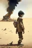 Placeholder: A wounded boy walking in the desert with his head down and smoking a cigarette, and behind him a scene of destruction is taking place