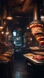 Placeholder: Si-Fi, The permanent under atmospheric lighting effects, , Shawarma cooking place where meat stacked in a cone-like shape on a vertical rotisserie.intricate historical moody atmosphere, eerie grimdark ambiance, complex motherboard accents, speculative fiction art. Bokeh