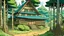 Placeholder: comic style, Ghibli style a small fairytale japanese country cottage at the end of a dirt road, surrounded by very tall pine trees