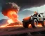 Placeholder: wide angle of Gi joe driving A lunar armored rover with tracks and claw and orange, troops, big Erupting Cloudy volcano, White headlight on flamethrower, wet blue