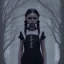 Placeholder: Wednesday Addams, Wednesday with braids standing with her arms crossed, dark, soft goth lip, hyper detail, octane render, unreal engine 5, photorealistic, 8k resulation