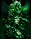 Placeholder: beautiful green bird lady portrait, textured detailed bioluminescence black and green wings adorned with renaissance style silver and black and white pearls, and black diamond headdress and masque, white and black and green florals, organic bio spinal ribbed detail of detailed creative rennaisance style light green colour florwers by moonlight background expressively, extremely detailed hyperrealistic maximálist concept art